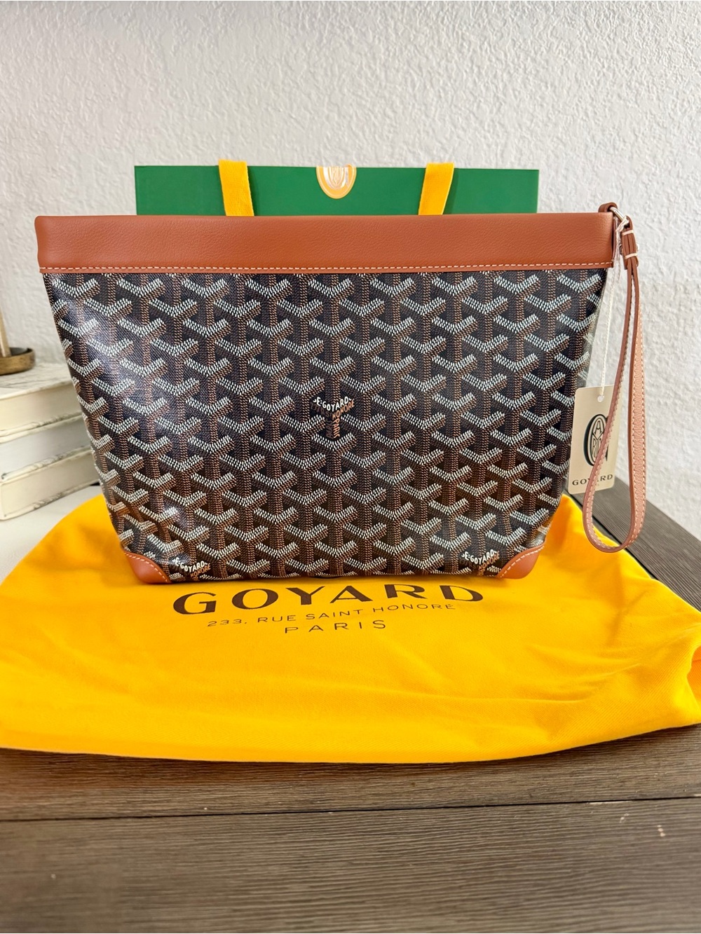 Goyard Brown Goyardine Zip Wristlet with Tan Leather Trim